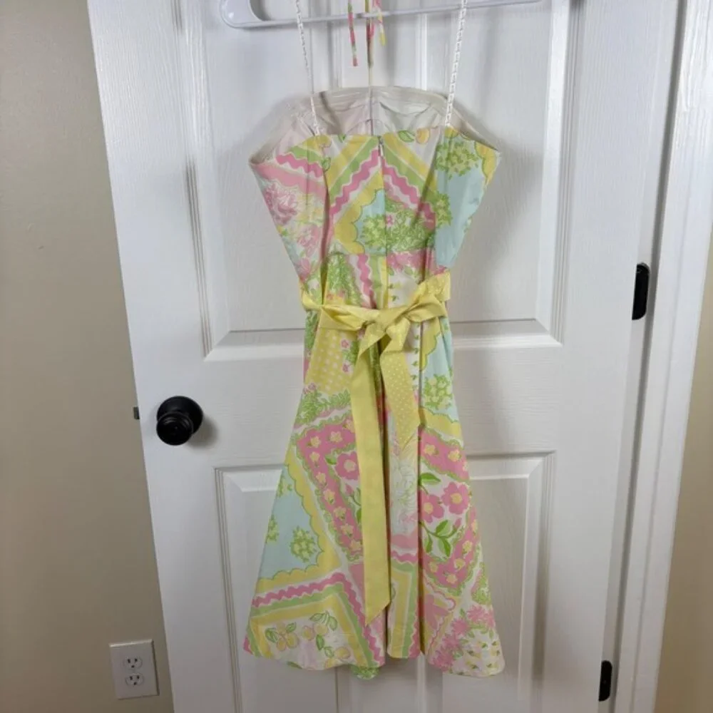 Vtg 90s Lilly Pulitzer Halter Dress Size 4 Pink Yellow Patchwork Cotton Preppy - Picture 7 of 9